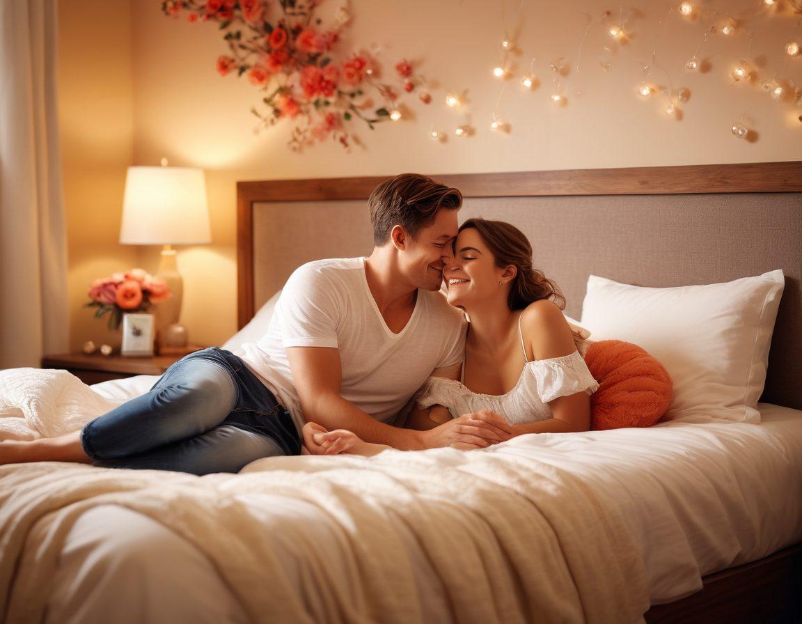 A warm, inviting bedroom scene featuring a happy couple sharing a tender moment, surrounded by soft lighting and plush decor. Incorporate elements of joy like flowers, a cozy bed, and playful touches like a bubble bath in the background. The atmosphere should convey intimacy and connection, showcasing affection and laughter. super-realistic. vibrant colors. soft focus.