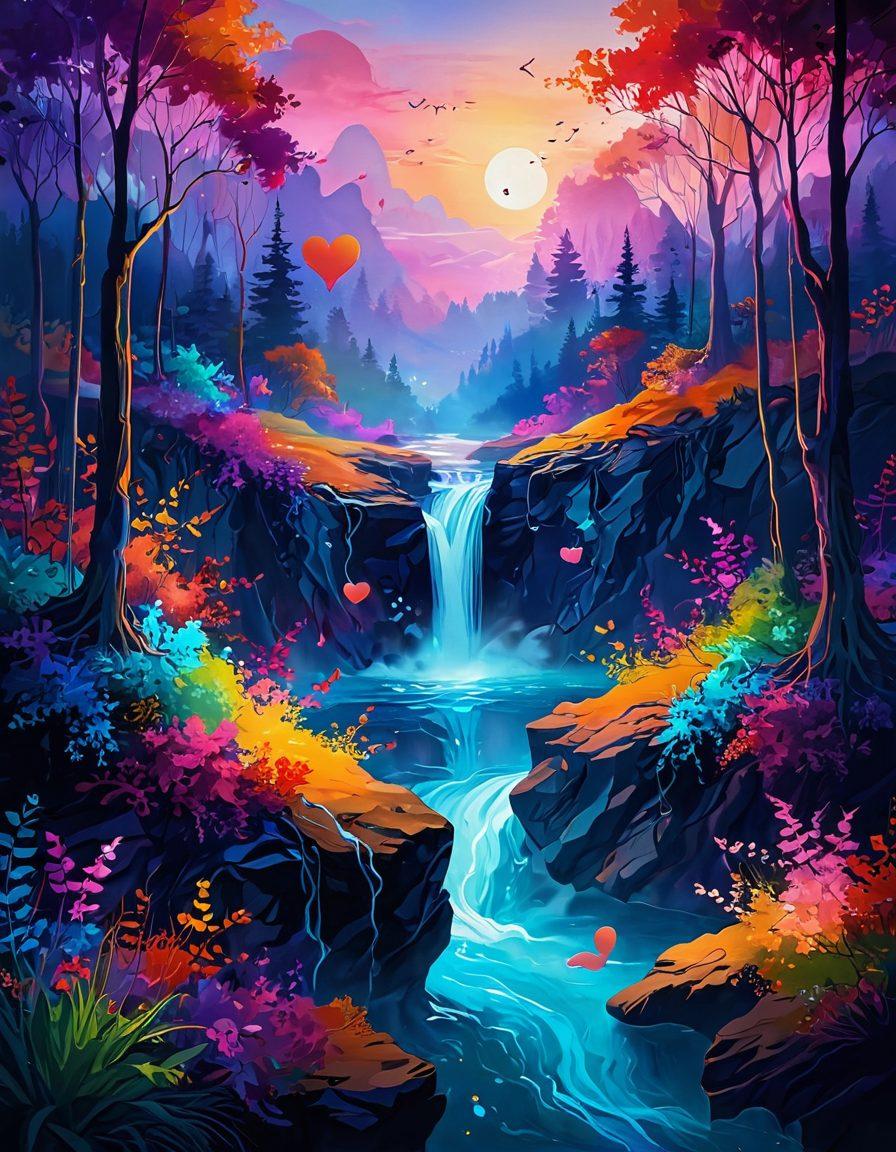 An enchanting abstract landscape symbolizing blissful connections, blending vibrant colors with floating heart shapes and intertwined figures in a dreamlike state. Soft, glowing lights illuminate the scene, creating an atmosphere of intimacy and exploration. The background features a cascade of soft textures, hinting at sensuality and warmth. This composition invites the viewer to journey through the essence of eroticism and happiness. vibrant colors. abstract art. surreal style.